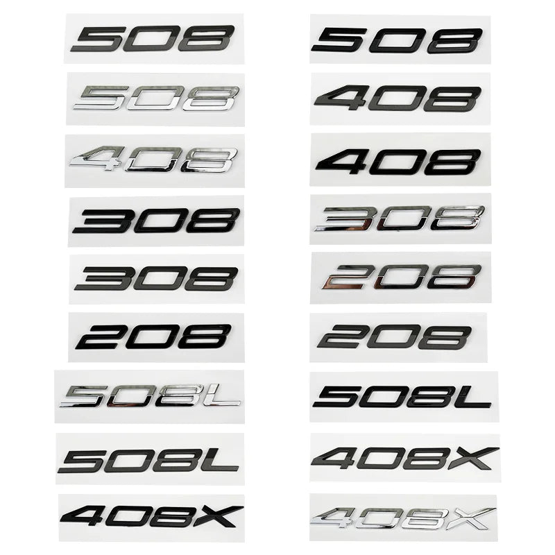 Logo Peugeot 208, 308, 408, 408X, 508 et 508L en ABS 3D, Emblème Lettres de Coffre Noir Brillant, Argent ou Gris