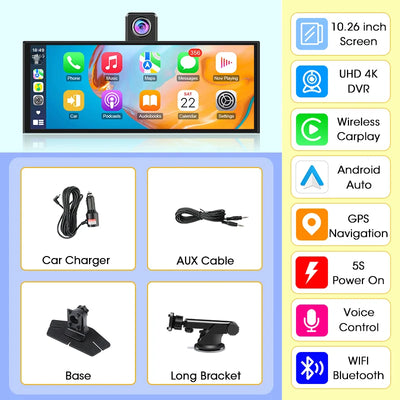 Dashcam 4K CarPlay Écran Rotatif 10,26 Pouces
