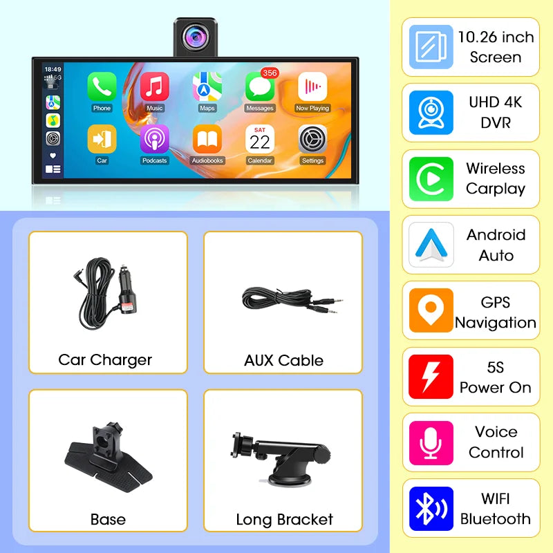 Dashcam 4K CarPlay Écran Rotatif 10,26 Pouces