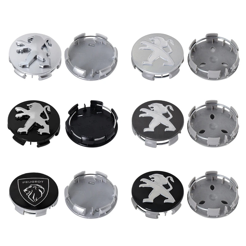 Cache-Moyeux Peugeot 60 mm, Lot de 4, Six Modèles Noir, Argent ou Gris, 106 à 508, 2008, 3008, 5008
