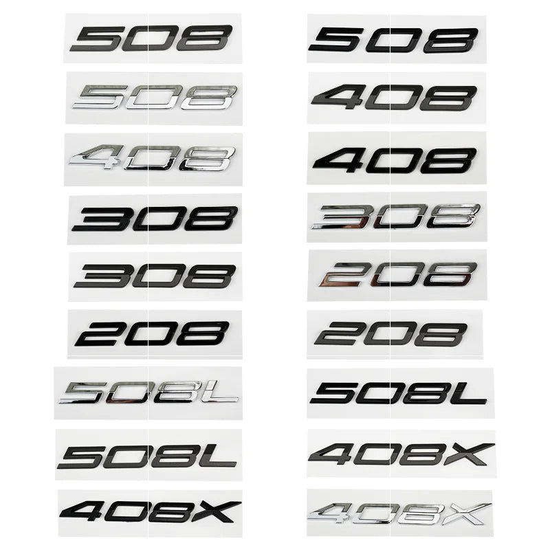 Logo Peugeot 208, 308, 408, 408X, 508 et 508L en ABS 3D, Emblème Lettres de Coffre Noir Brillant, Argent ou Gris