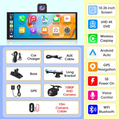 Dashcam 4K CarPlay Écran Rotatif 10,26 Pouces