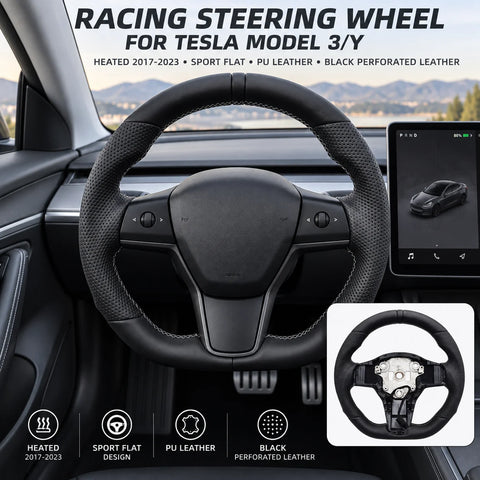 Volant Sport Méplat Chauffant Tesla Model 3 et Model Y 2017-2023 Cuir Perforé Noir