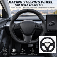 Volant Sport Méplat Chauffant Tesla Model 3 et Model Y 2017-2023 Cuir Perforé Noir