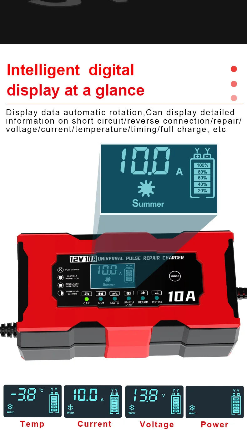 Chargeur de Batterie Voiture 12V 10A Intelligent LiFePO4 AGM Gel