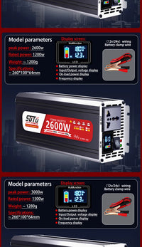 Convertisseur 12V 24V 220V Pur Sinus 1200 à 3000 W Onduleur Voiture Écran LCD