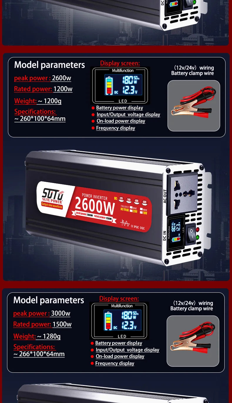 Convertisseur 12V 24V 220V Pur Sinus 1200 à 3000 W Onduleur Voiture Écran LCD
