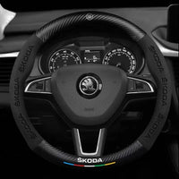 Couvre Volant Skoda Effet Carbone et Suédine, 37-38 cm, Forme D ou O, Octavia, Kodiaq, Karoq, Superb