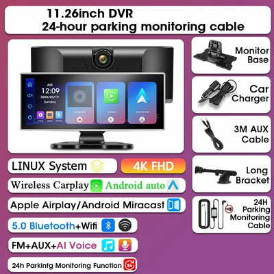 Dashcam Srnubi 11,26 Pouces 4K CarPlay Android Auto