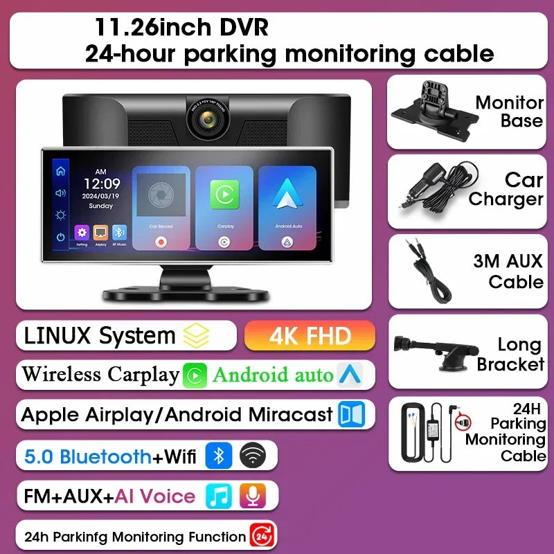 Dashcam Srnubi 11,26 Pouces 4K CarPlay Android Auto