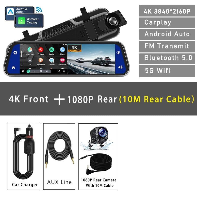 Dashcam 10 Pouces 4K CarPlay Android Auto OLESED