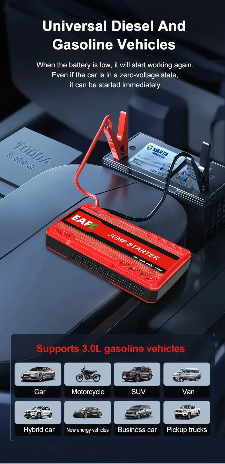 Booster de Batterie Voiture EAFC 600A 2000A Démarreur Portable 12V