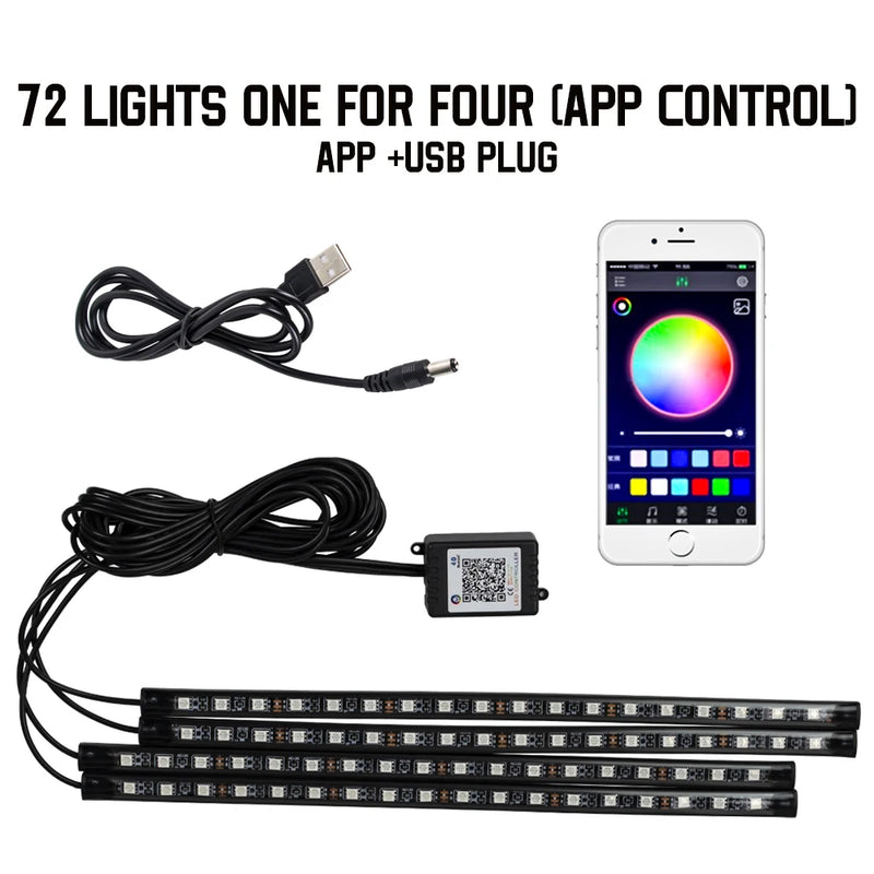 Éclairage d'Ambiance LED RGB 72 Diodes Bluetooth Voiture