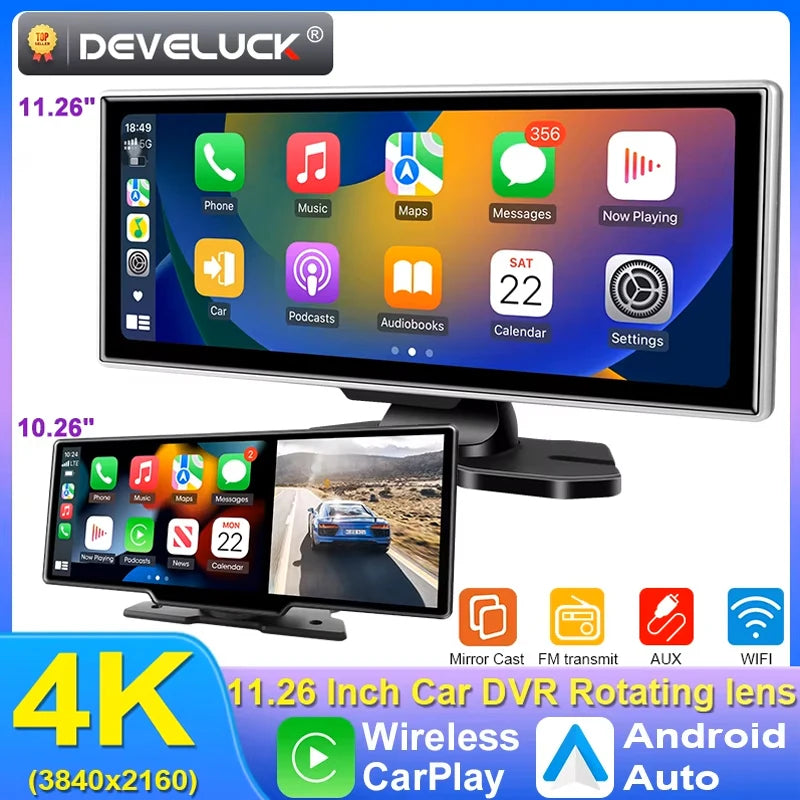 Dashcam 4K Écran CarPlay Sans Fil 11,26 ou 10,26 Pouces Double Caméra
