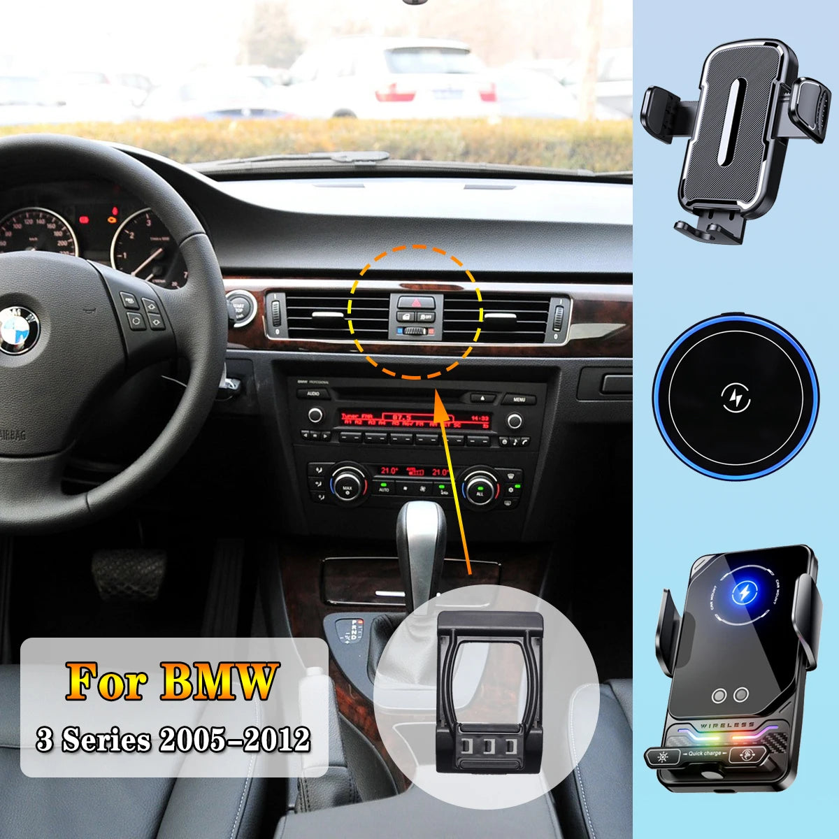 Support Téléphone BMW Série 3 E90 E92 E93 2005-2012 avec Chargeur Sans Fil Magnétique Compatible MagSafe