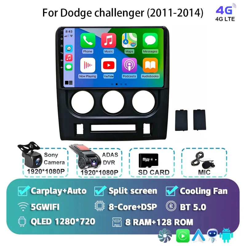 Autoradio Android 16 Dodge Challenger 2011-2014 Écran QLED CarPlay GPS Caméra DVR