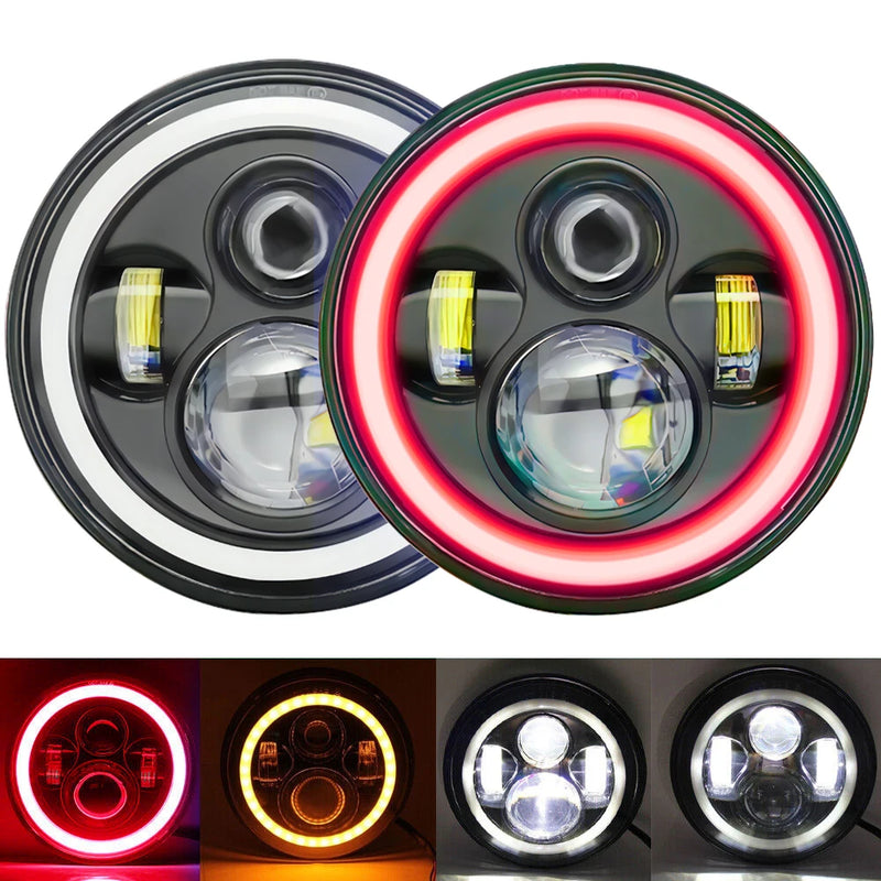 Phares LED 7 Pouces Halo Rouge Angel Eyes H4 Jeep Wrangler Universel