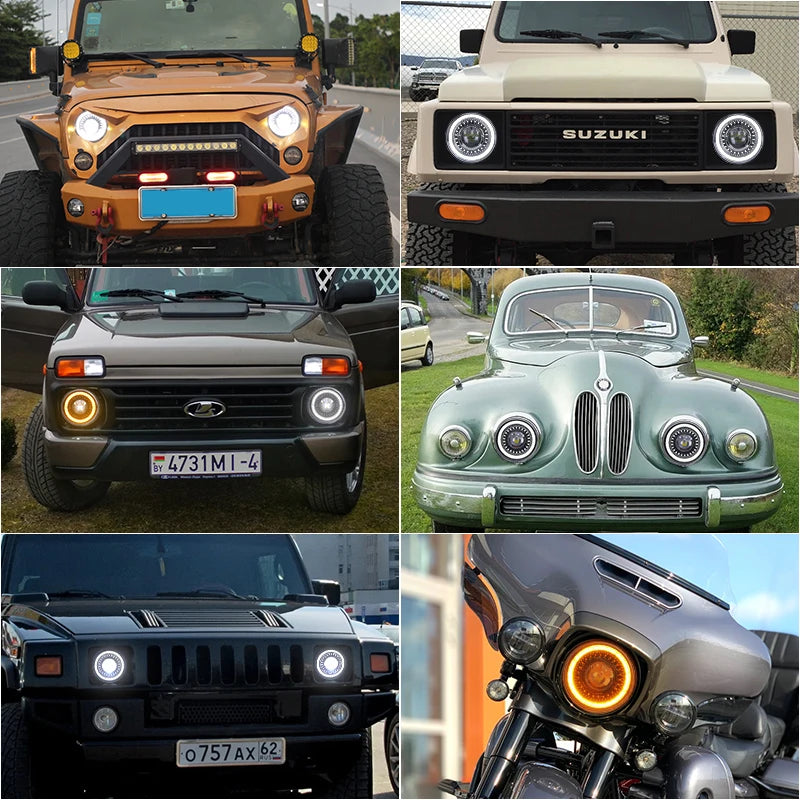 Phare Rond LED 7 Pouces Land Rover Defender Lada Niva Uaz Hunter 4x4 Anneau Halo Feu de Route Unité