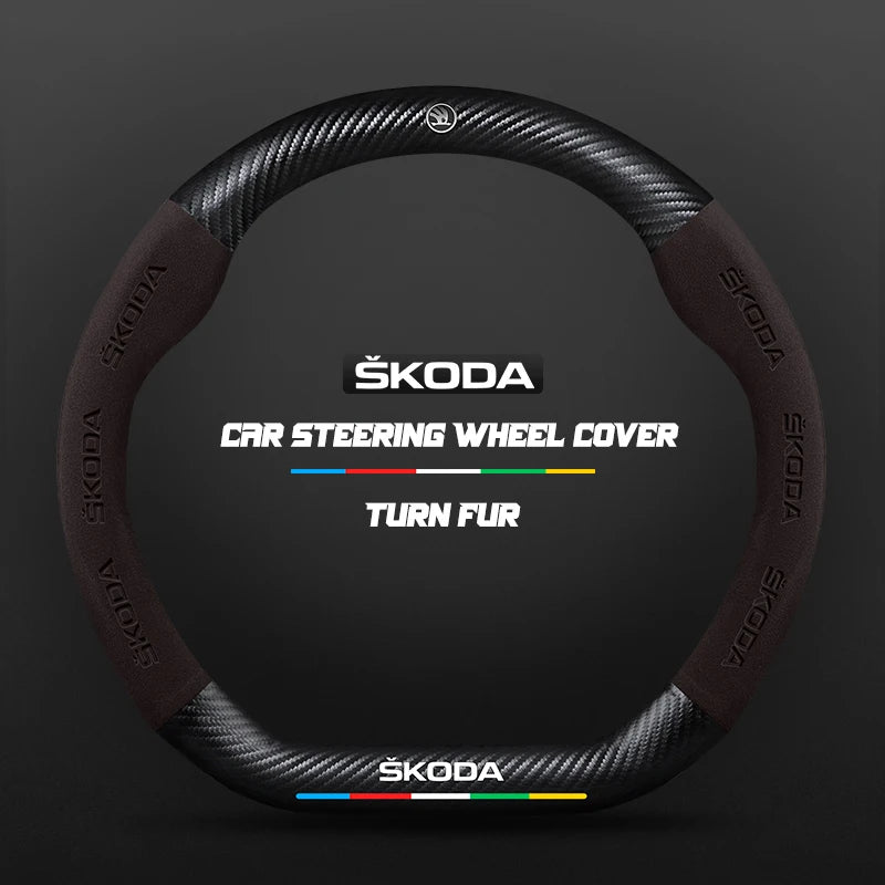 Couvre Volant Skoda Effet Carbone et Suédine, 37-38 cm, Forme D ou O, Octavia, Kodiaq, Karoq, Superb