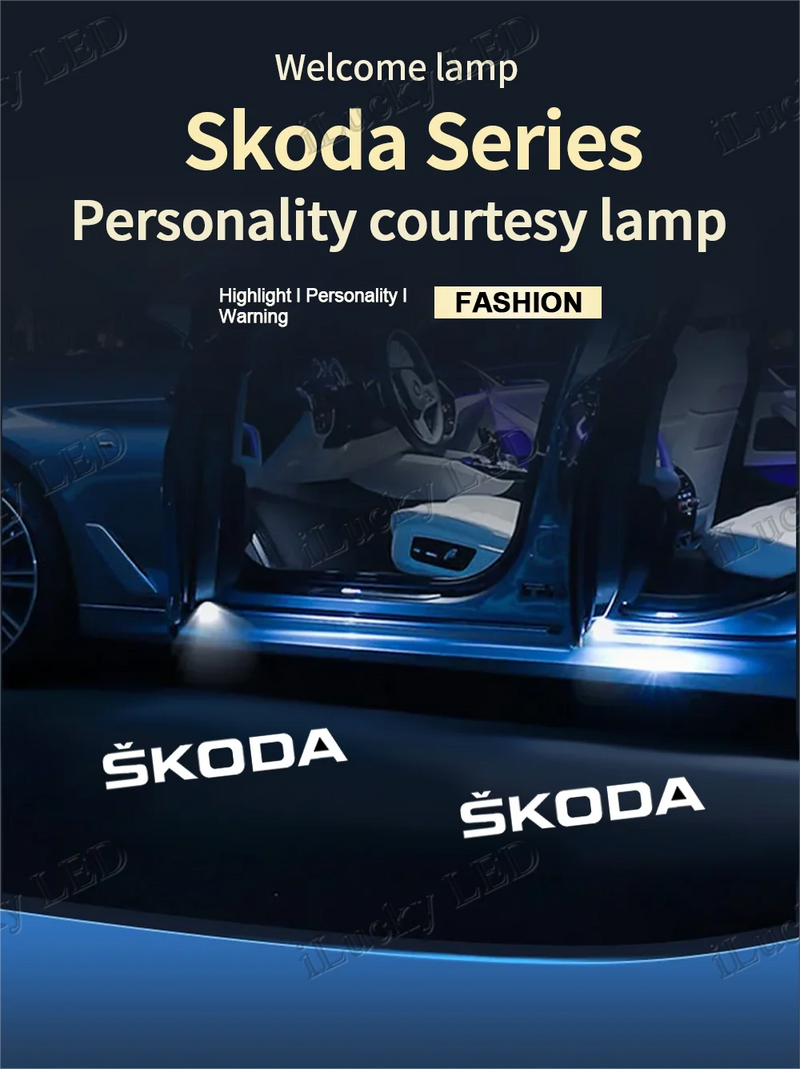 Projecteur Porte Skoda LED, Lentille Verre HD, Lot de 2 ou 4, Octavia Kodiaq Karoq Yeti VRS, 7 Motifs