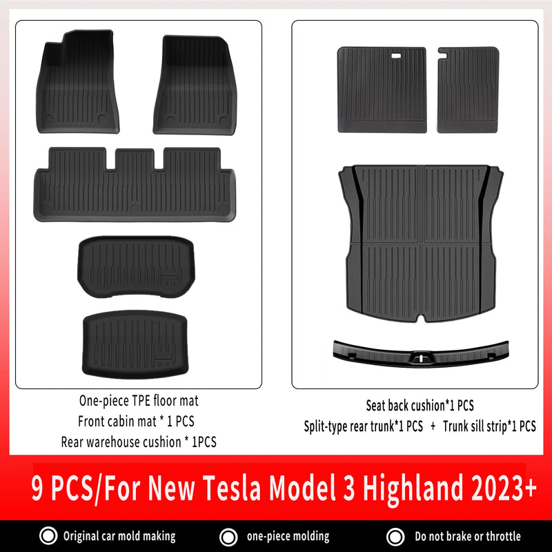 Tapis de Sol Tesla Model 3 Highland 2024-2026 TPE Ensemble 3 à 12 Pièces Simple ou Double Couche