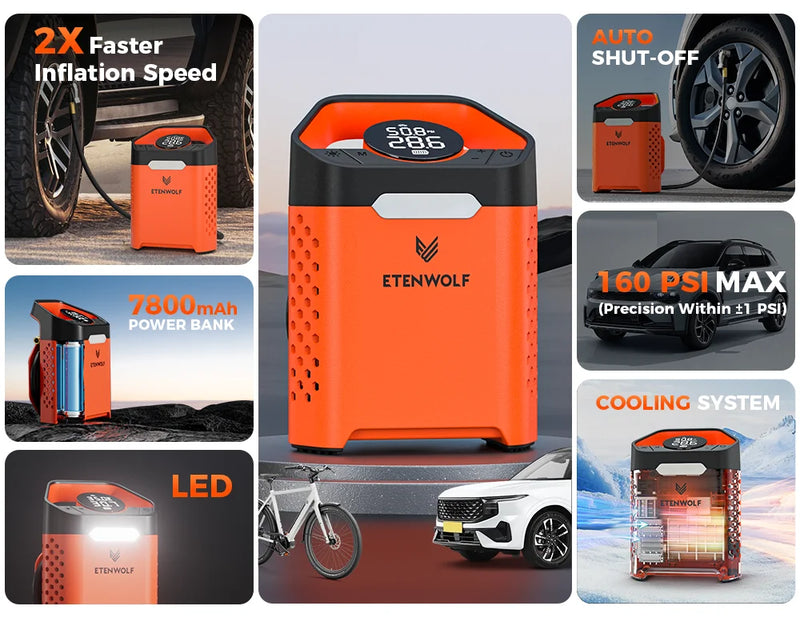 Gonfleur de Pneu ETENWOLF V3 160 PSI Compresseur Portable 7800 mAh