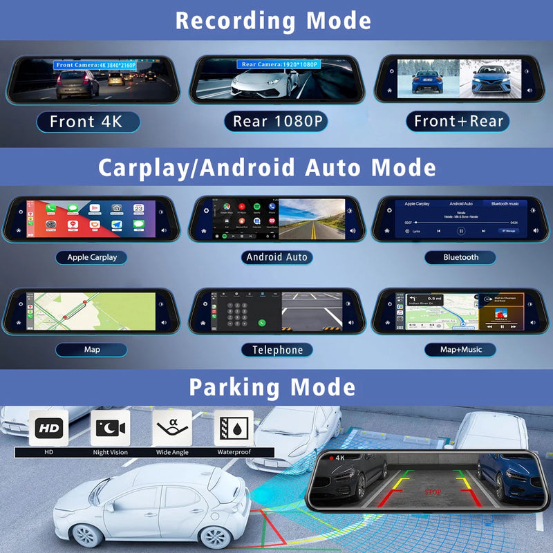 Dashcam 10 Pouces 4K CarPlay Android Auto OLESED