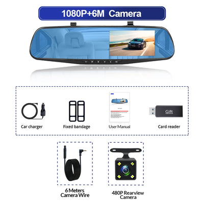 Dashcam Miroir 4,3 Pouces Double Objectif 1080P