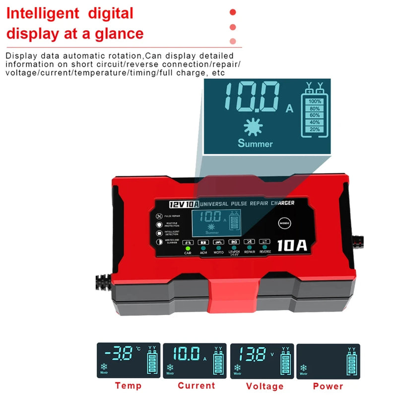 Chargeur de Batterie Voiture 12V 10A Intelligent LiFePO4 AGM Gel