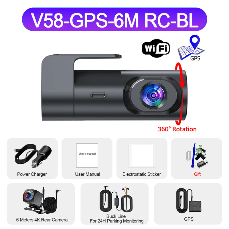Dashcam 4K UHD Wi-Fi avec GPS, Caméra de Recul 4K en Option, Vision Nocturne et Surveillance de Stationnement 24 h