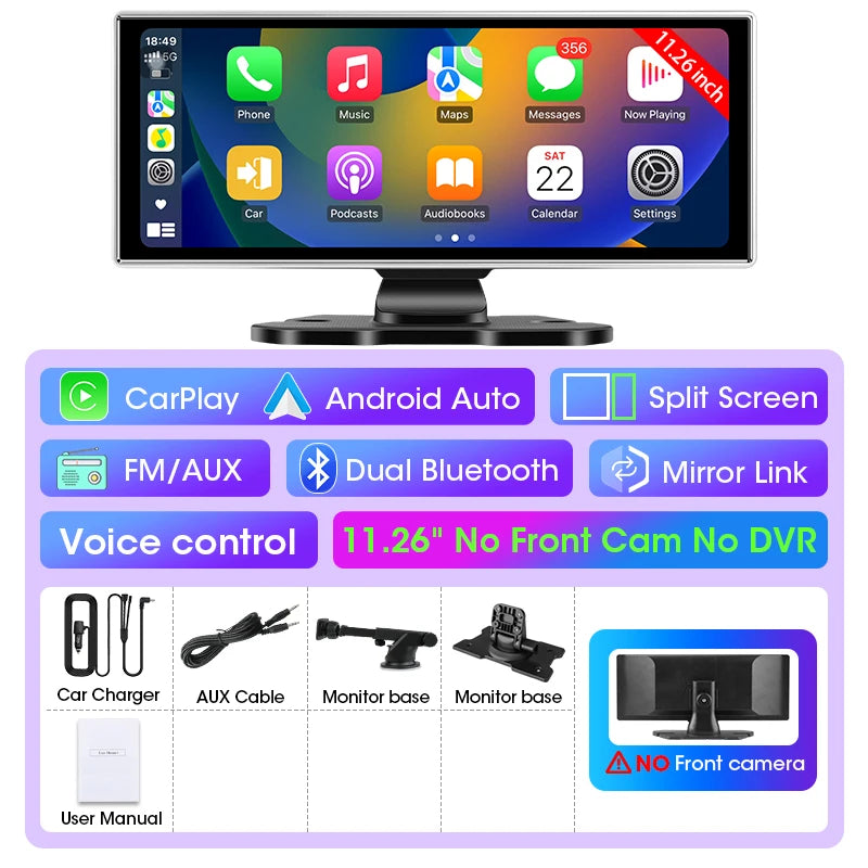 Dashcam 4K Écran CarPlay Sans Fil 11,26 ou 10,26 Pouces Double Caméra