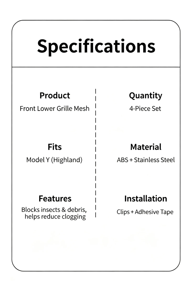 Filet de Grille Inférieure Avant Tesla Model Y Highland 2024 Anti-Insectes Noir Mat, Monobloc ou en Deux Parties