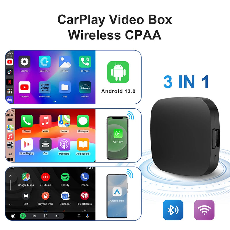 Boîtier CarPlay Android Auto Sans Fil AI Box Android 13 Bluetooth 5.0 GPS