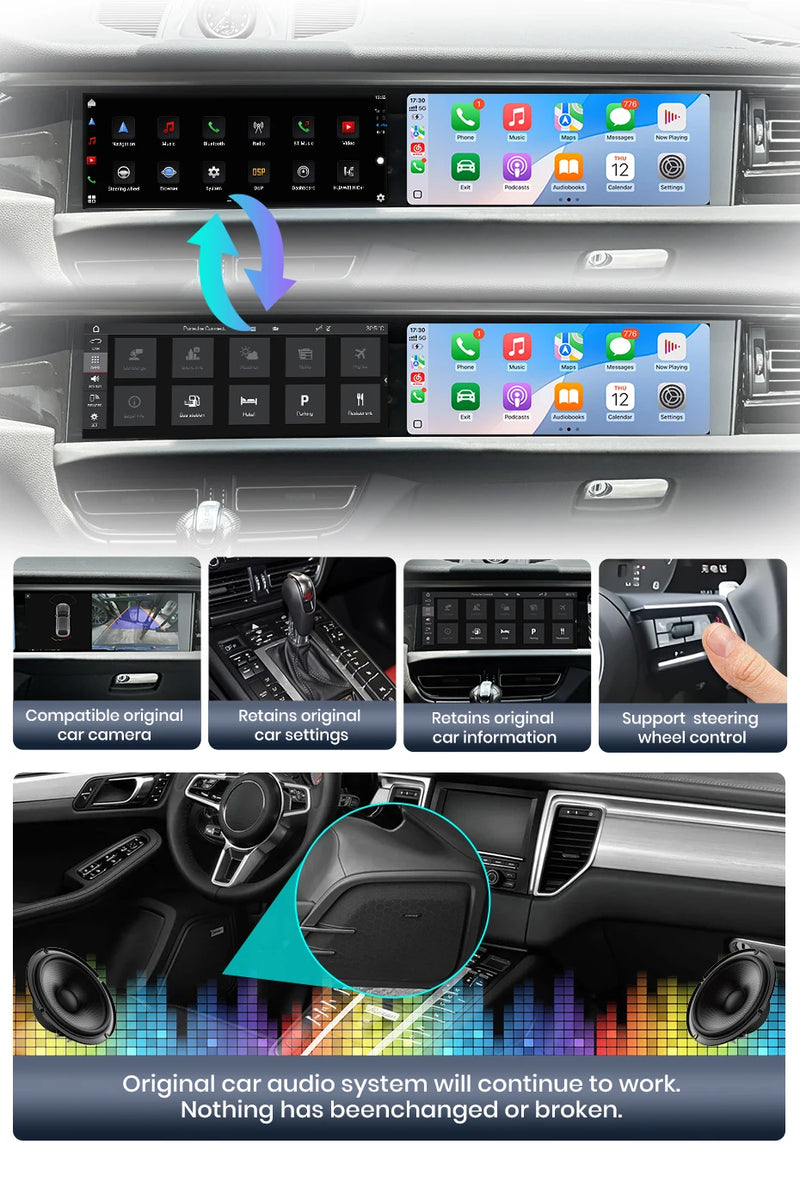 Autoradio Double Écran 12,3 + 12,3 Pouces Porsche Macan 2014-2017 Android CarPlay Sans Fil GPS