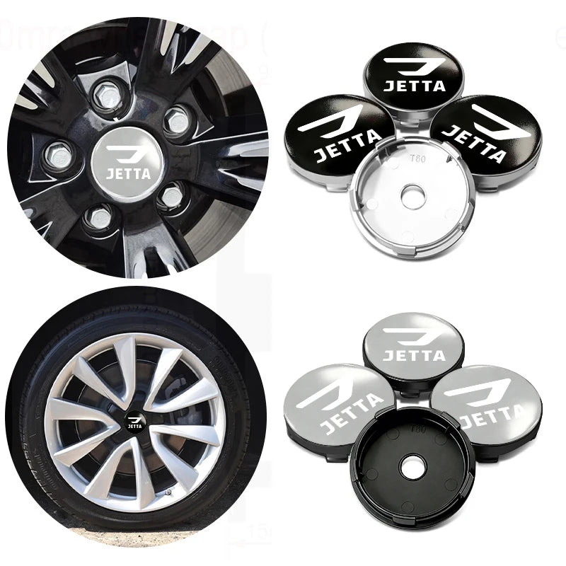 Cache-Moyeux Volkswagen Jetta 56 et 60 mm avec Autocollants Adhésifs, Lot de 4, Noir ou Argent