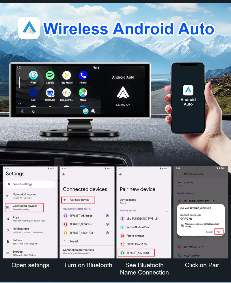 Dashcam 4K Écran CarPlay Sans Fil 11,26 ou 10,26 Pouces Double Caméra