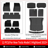 Tapis de Sol Tesla Model 3 Highland 2024-2026 TPE Ensemble 3 à 12 Pièces Simple ou Double Couche