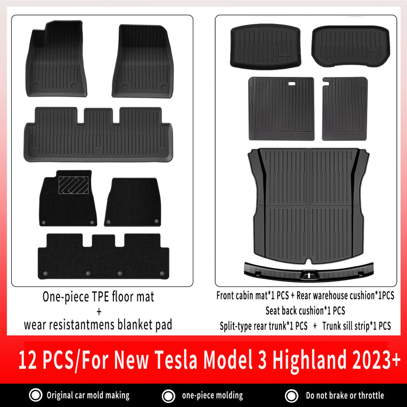 Tapis de Sol Tesla Model 3 Highland 2024-2026 TPE Ensemble 3 à 12 Pièces Simple ou Double Couche