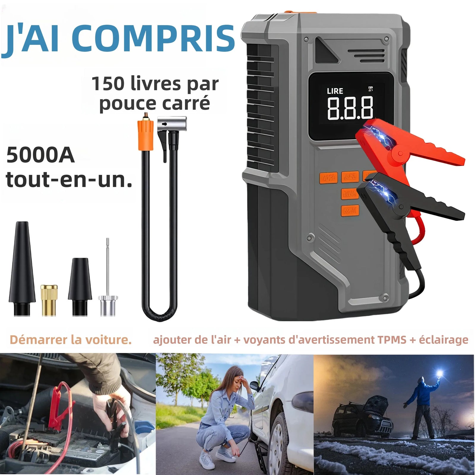 Booster de Batterie Voiture Grand Froid avec Compresseur 150 PSI Arrêt Auto