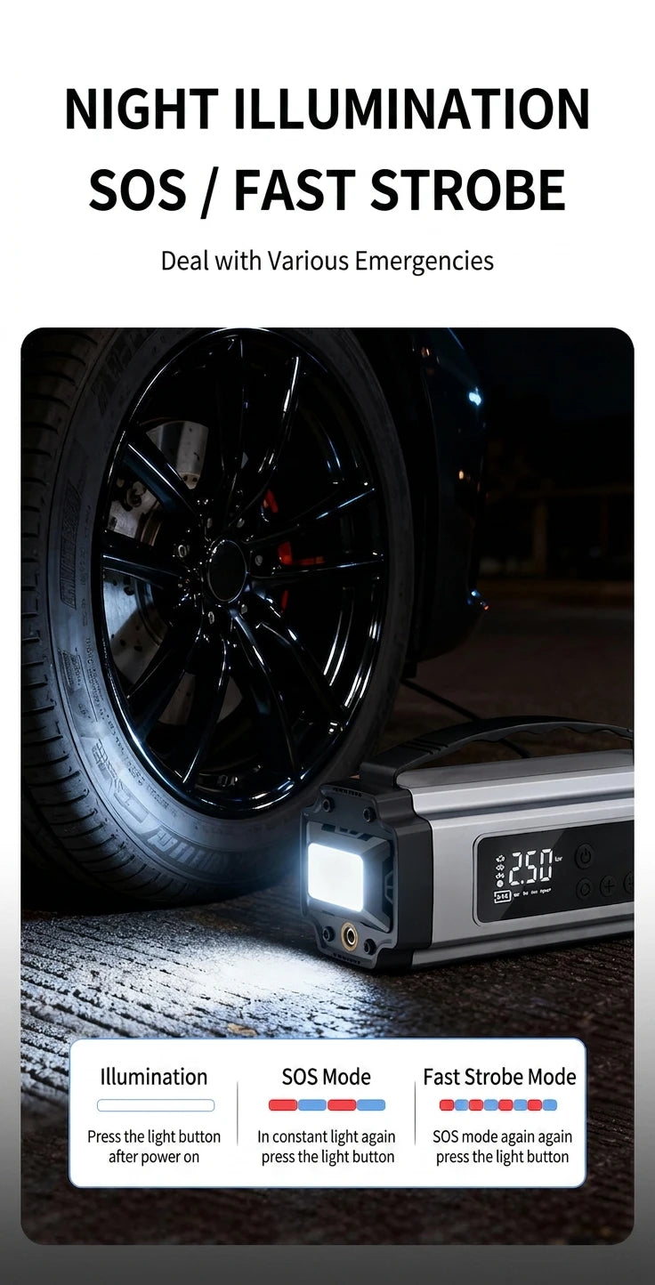 Booster de Batterie Voiture 12V avec Compresseur 150 PSI Écran Numérique