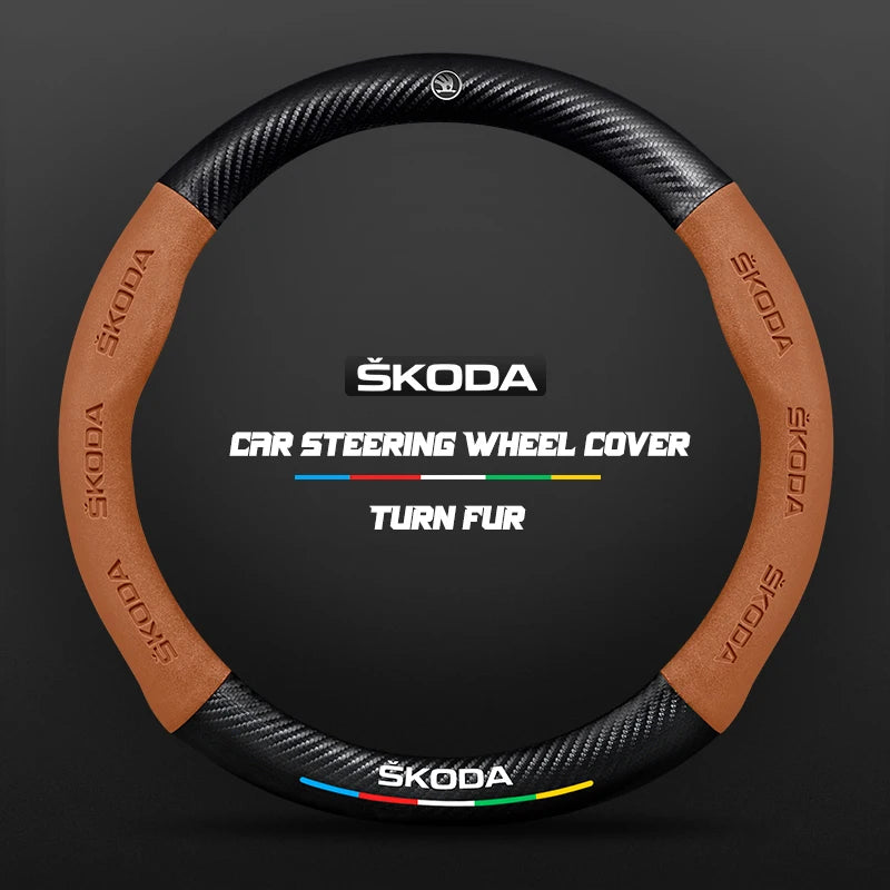 Couvre Volant Skoda Effet Carbone et Suédine, 37-38 cm, Forme D ou O, Octavia, Kodiaq, Karoq, Superb