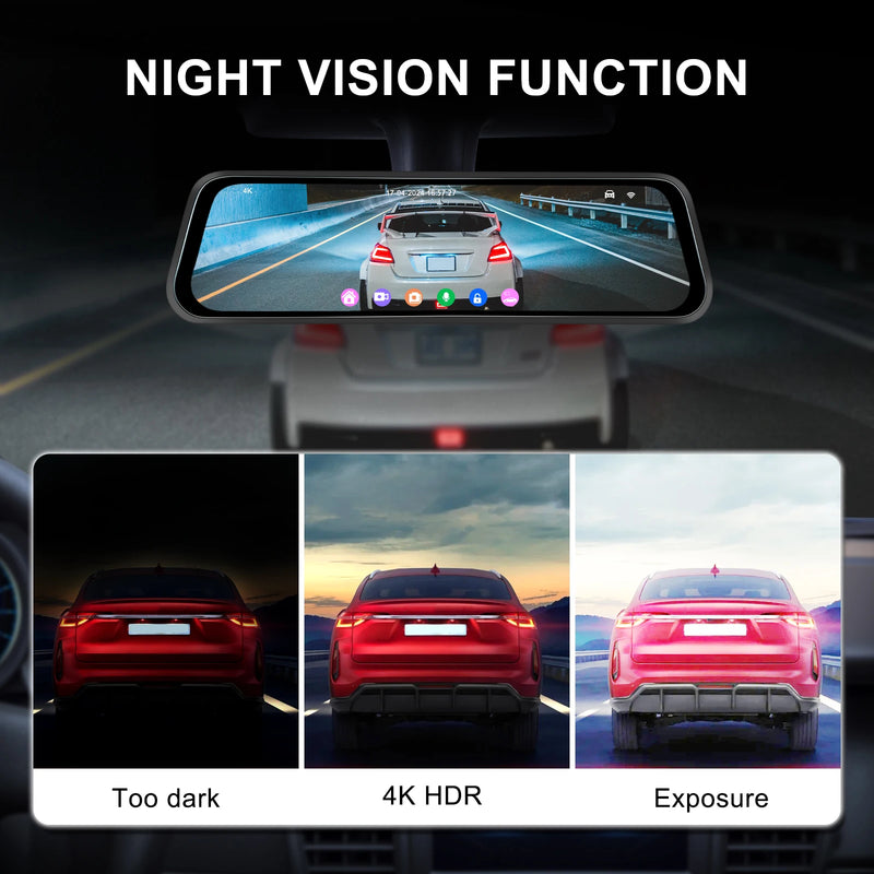 Dashcam Miroir Podofo 4K Écran Tactile 9,66 Pouces avec Caméra de Recul, Vision Nocturne et Surveillance 24 h