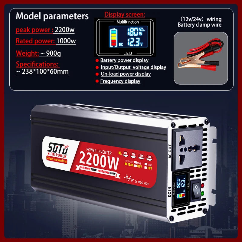 Convertisseur 12V 24V 220V Pur Sinus 1200 à 3000 W Onduleur Voiture Écran LCD