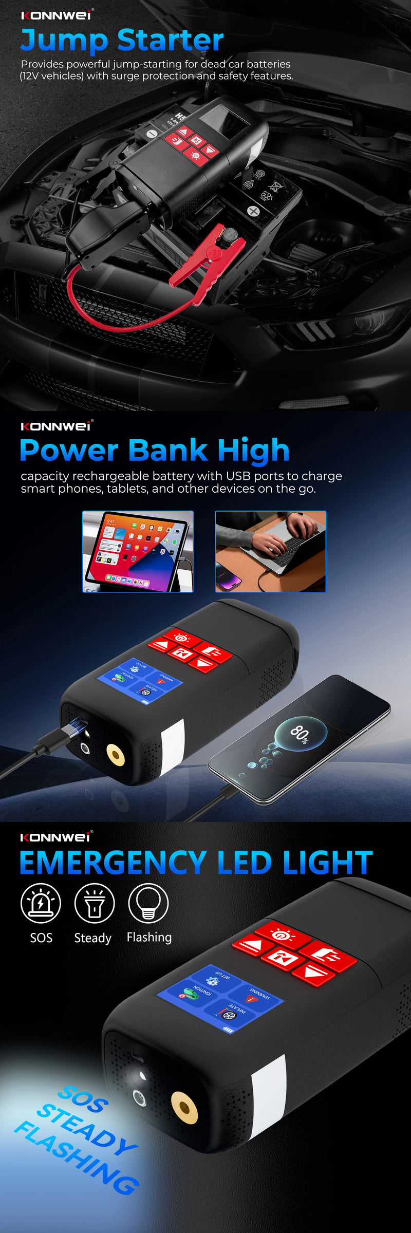 Booster de Batterie Voiture KONNWEI SA500 1000A avec Compresseur
