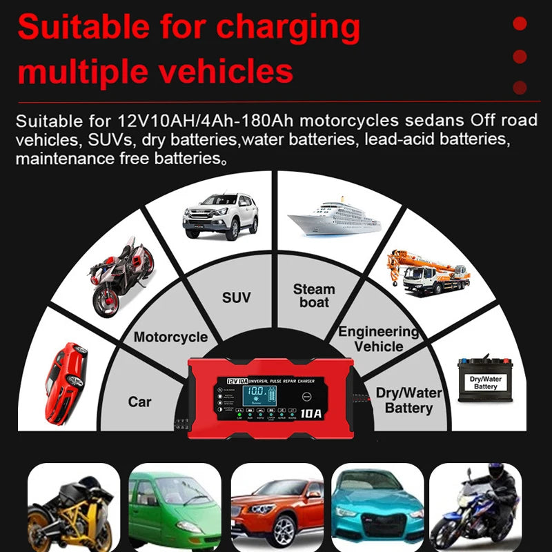 Chargeur de Batterie Voiture 12V 10A Intelligent LiFePO4 AGM Gel