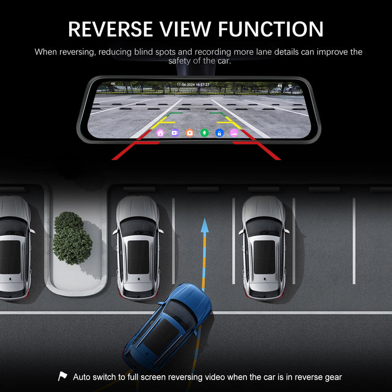 Dashcam Miroir Podofo 4K Écran Tactile 9,66 Pouces avec Caméra de Recul, Vision Nocturne et Surveillance 24 h