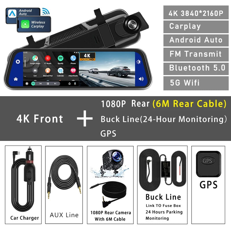 Dashcam 10 Pouces 4K CarPlay Android Auto OLESED