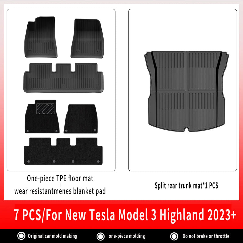 Tapis de Sol Tesla Model 3 Highland 2024-2026 TPE Ensemble 3 à 12 Pièces Simple ou Double Couche