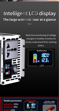 Convertisseur 12V 24V 220V Pur Sinus 1200 à 3000 W Onduleur Voiture Écran LCD