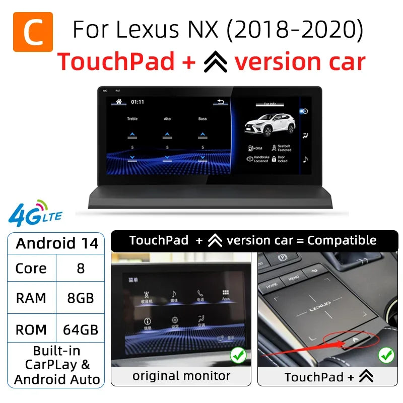 Autoradio Android 14 Lexus NX 200 200t 300h 2014-2021 Écran 10,25 Pouces CarPlay DSP GPS